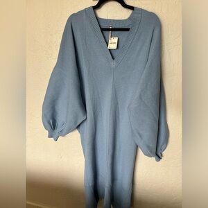 NWT FREE PEOPLE SWEATER DRESS BLUE SMALL KNIT MIDI V-NECK LONG SLEEVE